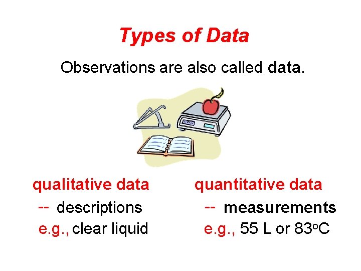 Types of Data Observations are also called data. qualitative data -- descriptions e. g.