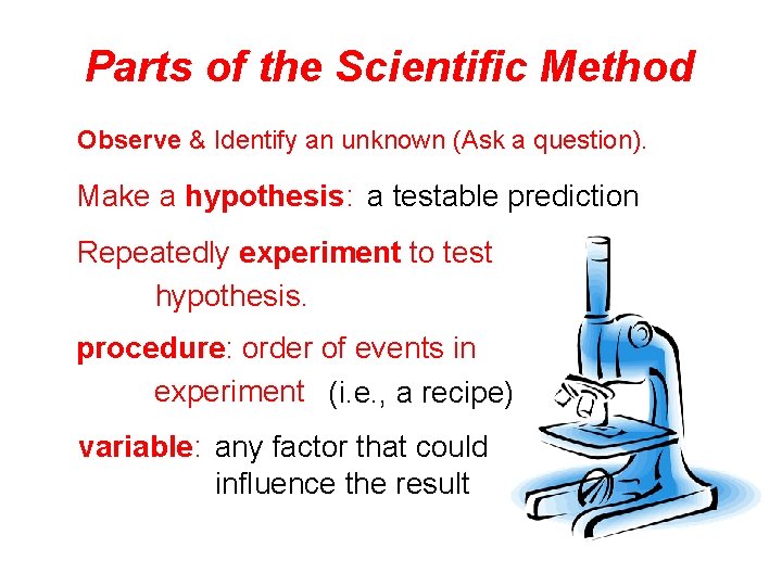 Parts of the Scientific Method Observe & Identify an unknown (Ask a question). Make