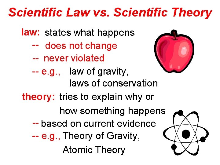 Scientific Law vs. Scientific Theory law: states what happens -- does not change --
