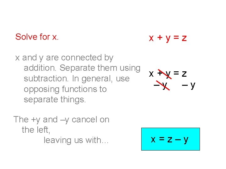 Solve for x. x+y=z x and y are connected by addition. Separate them using