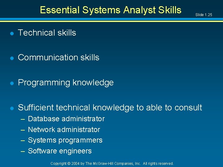 Essential Systems Analyst Skills Slide 1. 25 l Technical skills l Communication skills l