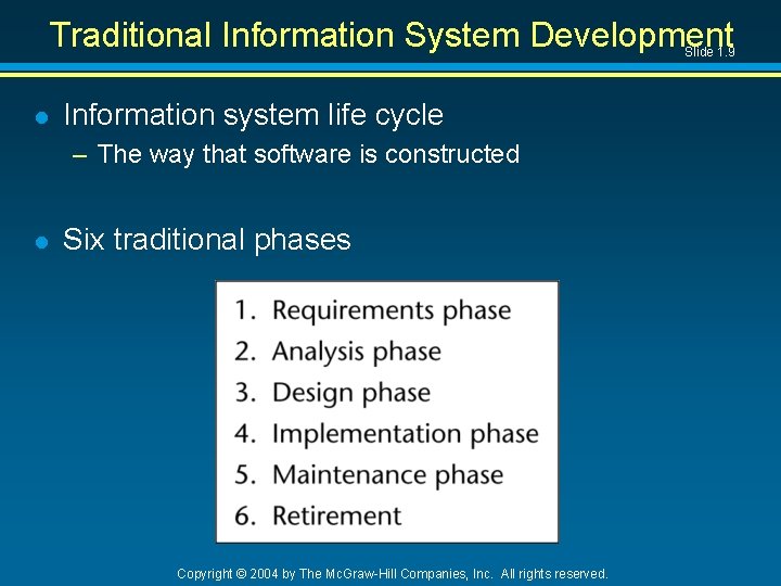 Traditional Information System Development Slide 1. 9 l Information system life cycle – The