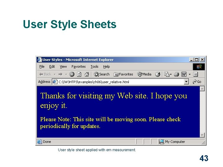 User Style Sheets User style sheet applied with em measurement. 43 