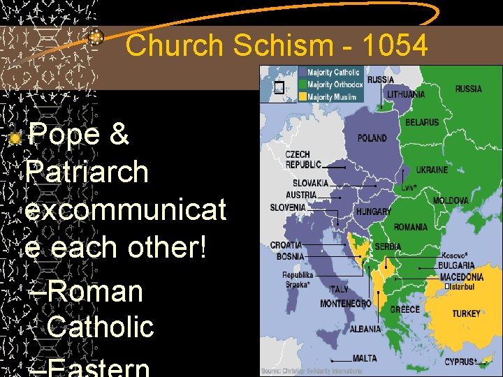 Church Schism 1054 Pope & Patriarch excommunicat e each other! –Roman Catholic 