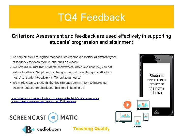 TQ 4 Feedback Criterion: Assessment and feedback are used effectively in supporting students' progression