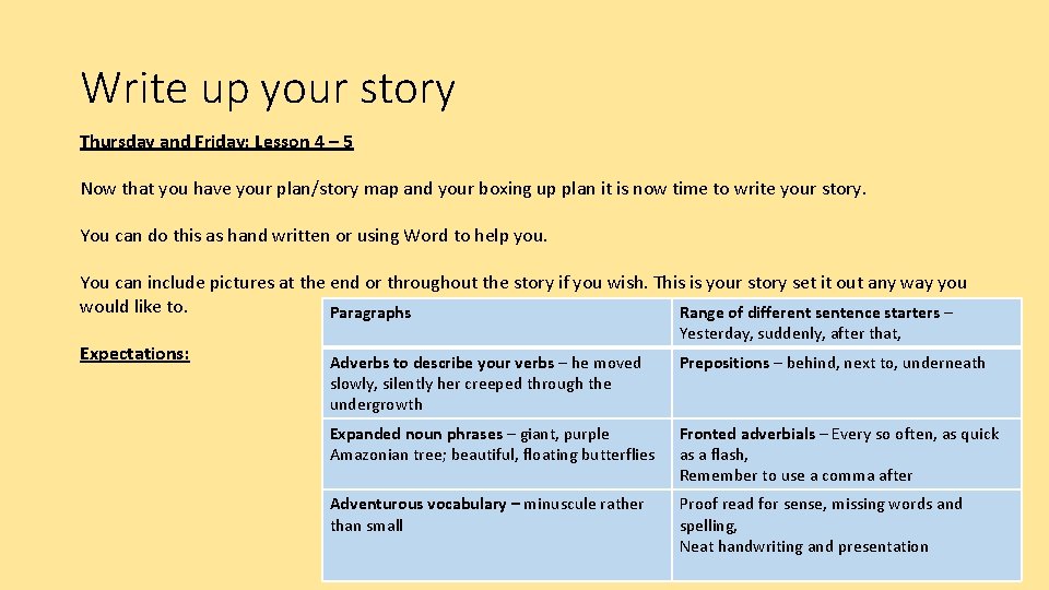 Write up your story Thursday and Friday: Lesson 4 – 5 Now that you