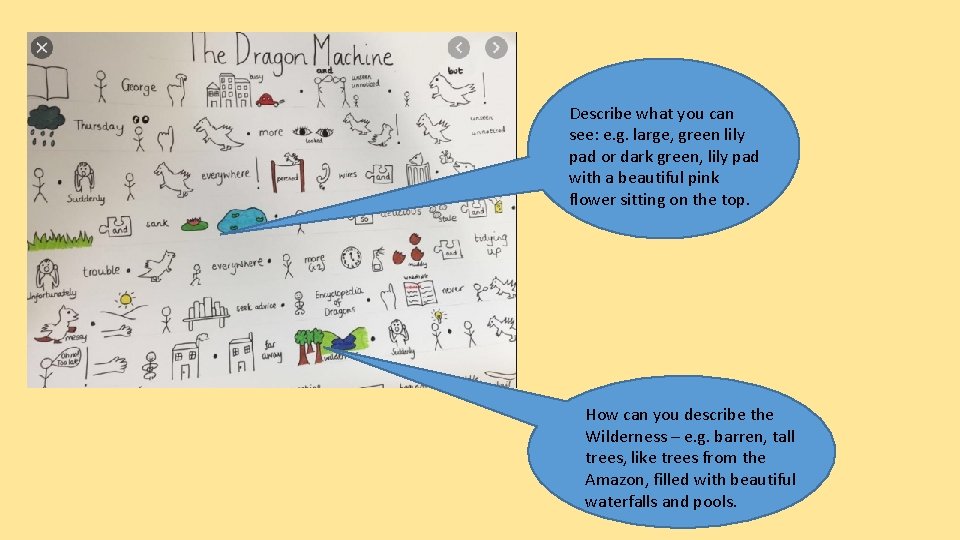 Describe what you can see: e. g. large, green lily pad or dark green,