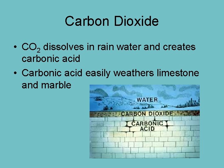 Carbon Dioxide • CO 2 dissolves in rain water and creates carbonic acid •