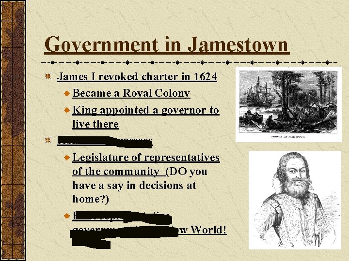 Government in Jamestown James I revoked charter in 1624 Became a Royal Colony King