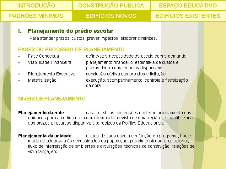 INTRODUÇÃO CONSTRUÇÃO PÚBLICA ESPAÇO EDUCATIVO PADRÕES MÍNIMOS EDIFÍCIOS NOVOS EDIFÍCIOS EXISTENTES I. Planejamento do