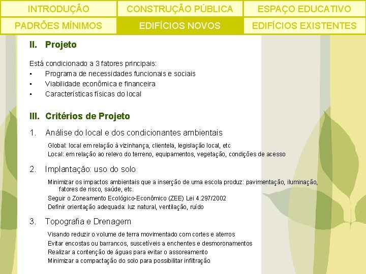 INTRODUÇÃO CONSTRUÇÃO PÚBLICA ESPAÇO EDUCATIVO PADRÕES MÍNIMOS EDIFÍCIOS NOVOS EDIFÍCIOS EXISTENTES II. Projeto Está