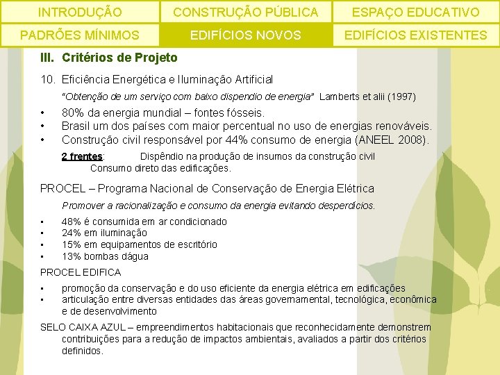 INTRODUÇÃO CONSTRUÇÃO PÚBLICA ESPAÇO EDUCATIVO PADRÕES MÍNIMOS EDIFÍCIOS NOVOS EDIFÍCIOS EXISTENTES III. Critérios de