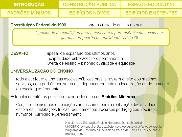 INTRODUÇÃO CONSTRUÇÃO PÚBLICA ESPAÇO EDUCATIVO PADRÕES MÍNIMOS EDIFÍCIOS NOVOS EDIFÍCIOS EXISTENTES Constituição Federal de