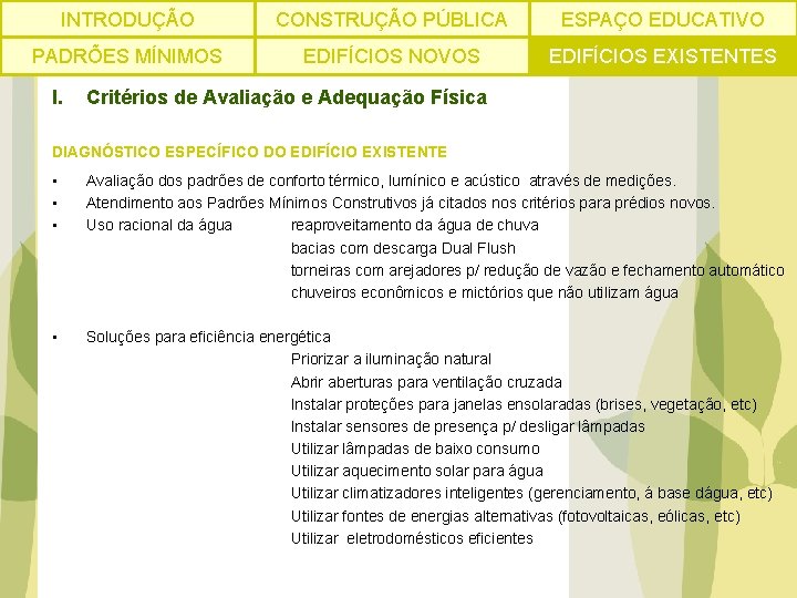 INTRODUÇÃO CONSTRUÇÃO PÚBLICA ESPAÇO EDUCATIVO PADRÕES MÍNIMOS EDIFÍCIOS NOVOS EDIFÍCIOS EXISTENTES I. Critérios de