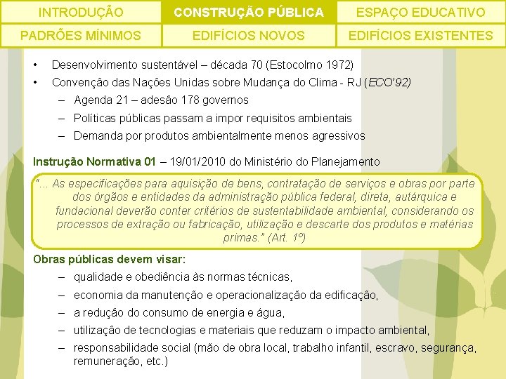 INTRODUÇÃO CONSTRUÇÃO PÚBLICA ESPAÇO EDUCATIVO PADRÕES MÍNIMOS EDIFÍCIOS NOVOS EDIFÍCIOS EXISTENTES • Desenvolvimento sustentável