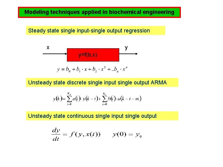 Modeling techniques applied in biochemical engineering Steady state single input single output regression x