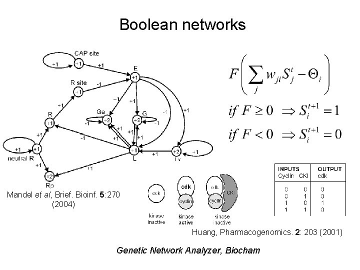 Boolean networks Mandel et al, Brief. Bioinf. 5: 270 (2004) Huang, Pharmacogenomics. 2: 203
