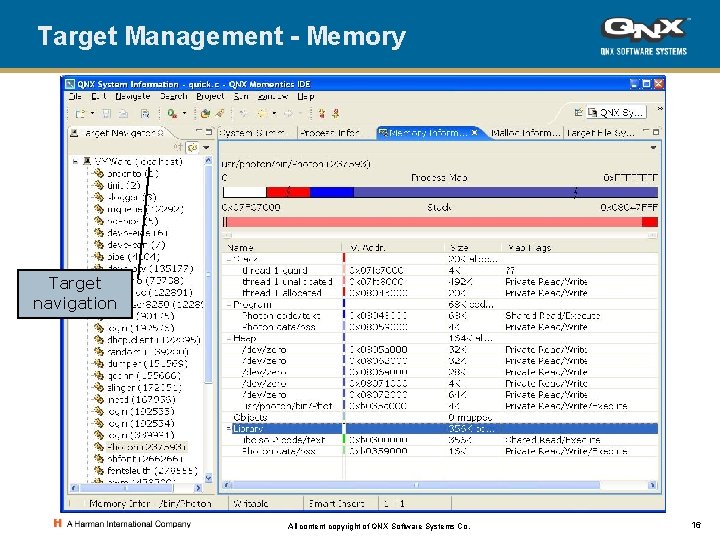 Target Management - Memory Target navigation All content copyright of QNX Software Systems Co.