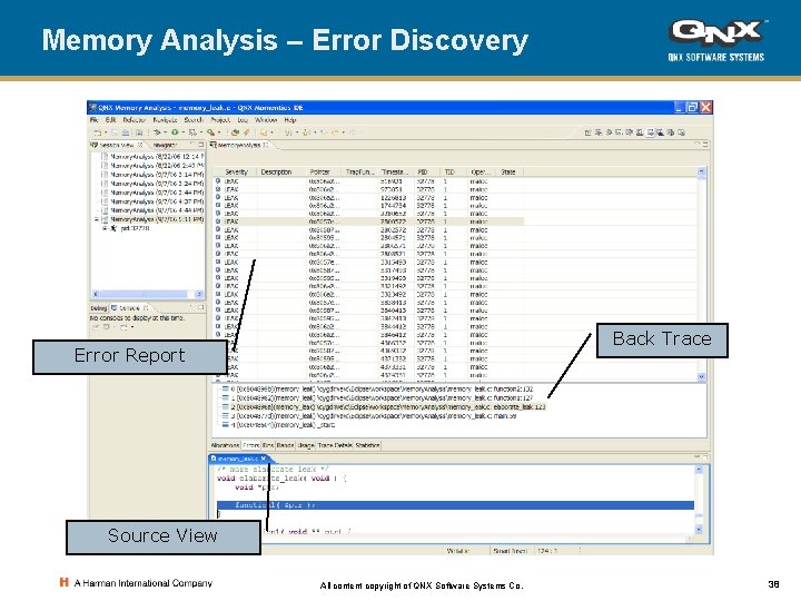 Memory Analysis – Error Discovery Back Trace Error Report Source View All content copyright