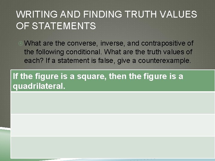 WRITING AND FINDING TRUTH VALUES OF STATEMENTS What are the converse, inverse, and contrapositive WRITING AND FINDING TRUTH VALUES OF STATEMENTS What are the converse, inverse, and contrapositive