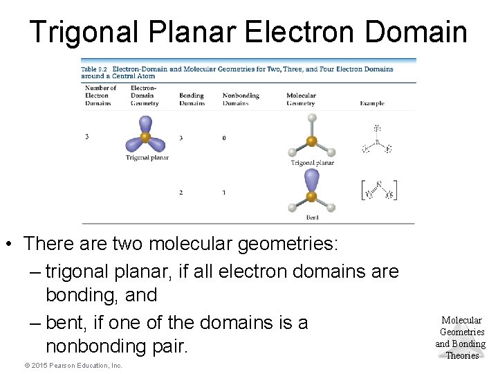 Trigonal Planar Electron Domain • There are two molecular geometries: – trigonal planar, if