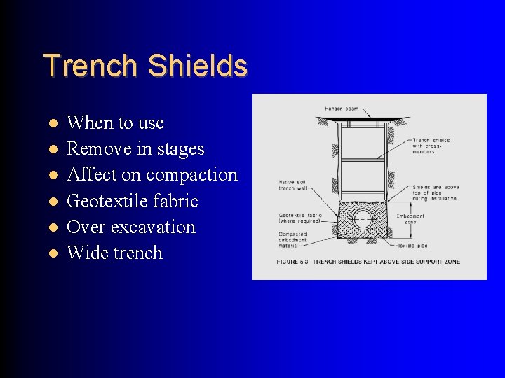 Trench Shields When to use Remove in stages Affect on compaction Geotextile fabric Over