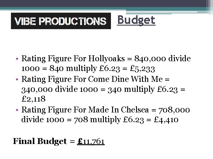 Budget • Rating Figure For Hollyoaks = 840, 000 divide 1000 = 840 multiply