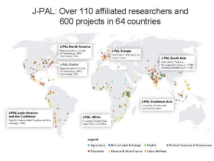 J-PAL: Over 110 affiliated researchers and 600 projects in 64 countries 