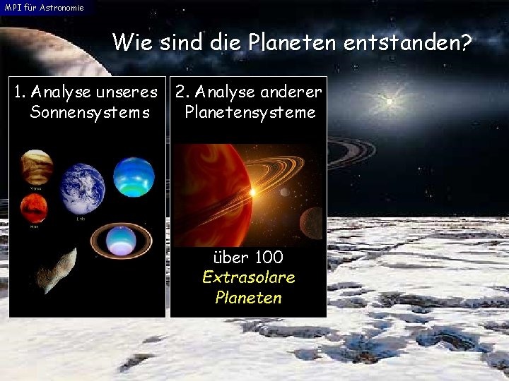 MPI für Astronomie Wie sind die Planeten entstanden? 1. Analyse unseres 2. Analyse anderer