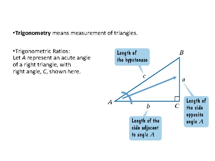 Ratios in Right Triangles • Trigonometry means measurement of triangles. • Trigonometric Ratios: Let