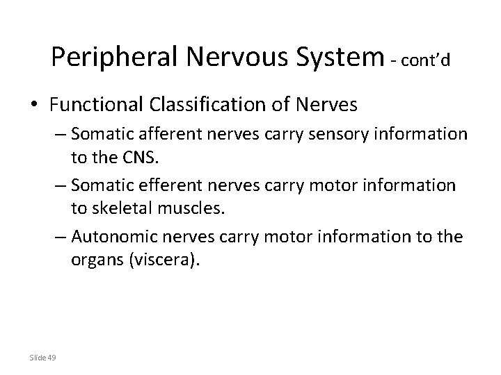 Peripheral Nervous System - cont’d • Functional Classification of Nerves – Somatic afferent nerves