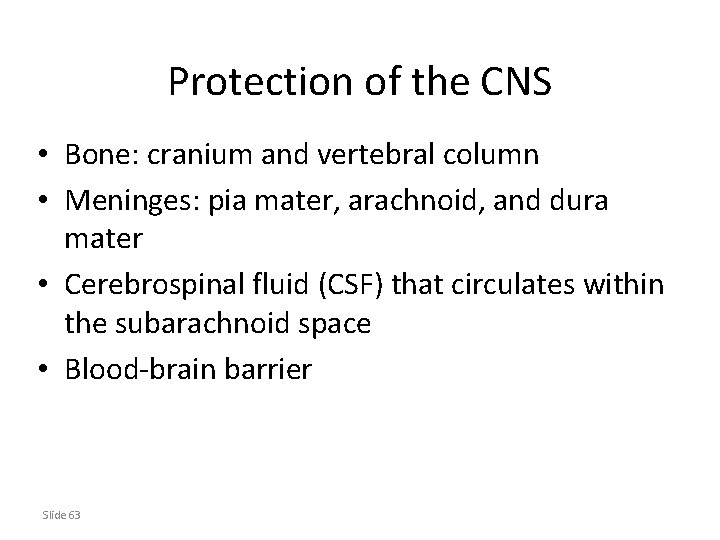 Protection of the CNS • Bone: cranium and vertebral column • Meninges: pia mater,