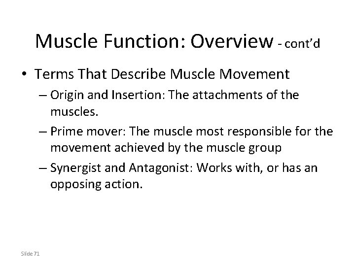 Muscle Function: Overview - cont’d • Terms That Describe Muscle Movement – Origin and