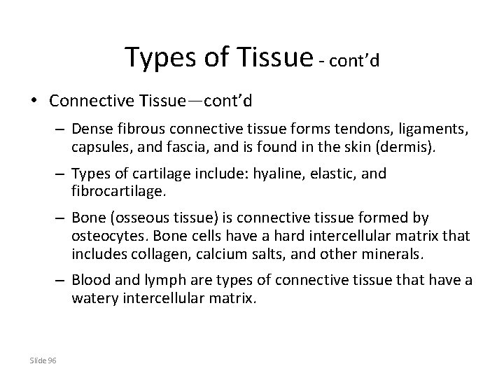 Types of Tissue - cont’d • Connective Tissue—cont’d – Dense fibrous connective tissue forms