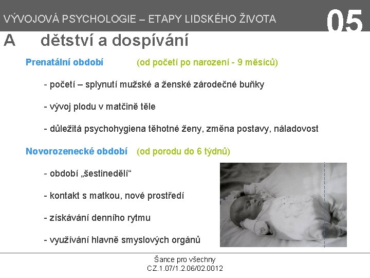 VÝVOJOVÁ PSYCHOLOGIE – ETAPY LIDSKÉHO ŽIVOTA A dětství a dospívání Prenatální období (od početí