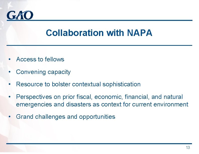 Collaboration with NAPA • Access to fellows • Convening capacity • Resource to bolster