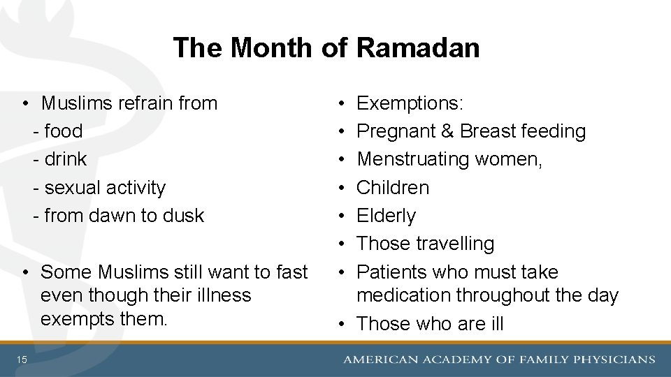 The Month of Ramadan • Muslims refrain from - food - drink - sexual