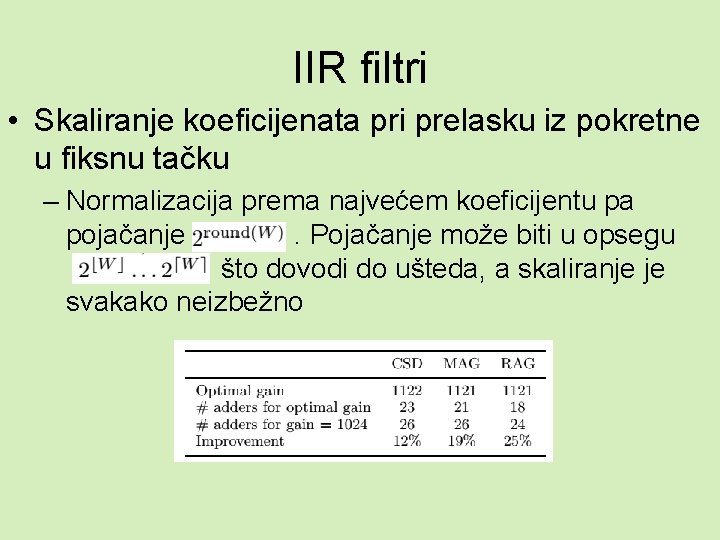 IIR filtri • Skaliranje koeficijenata pri prelasku iz pokretne u fiksnu tačku – Normalizacija