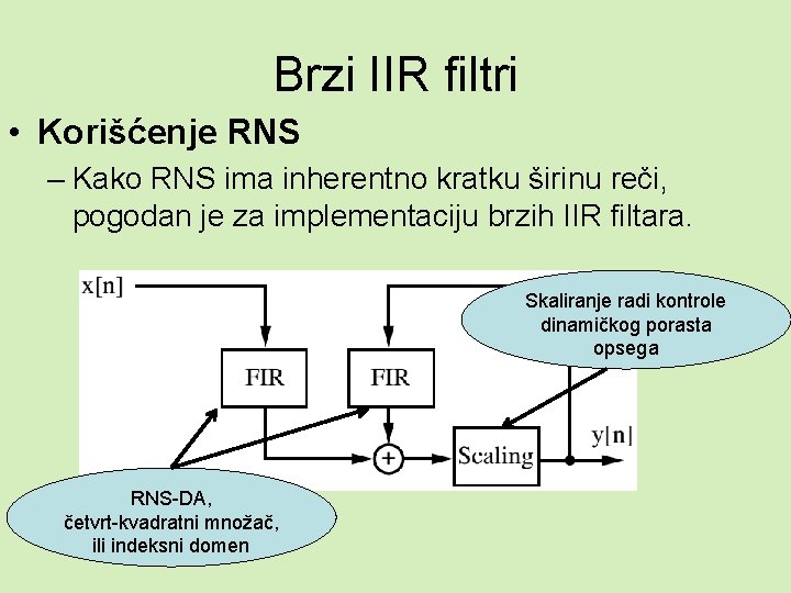 Brzi IIR filtri • Korišćenje RNS – Kako RNS ima inherentno kratku širinu reči,
