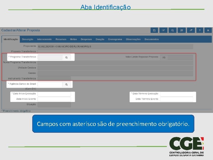 Aba Identificação Campos com asterisco são de preenchimento obrigatório. 