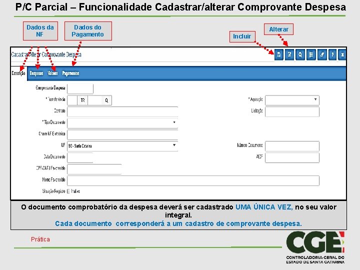 P/C Parcial – Funcionalidade Cadastrar/alterar Comprovante Despesa Dados da NF Dados do Pagamento Alterar