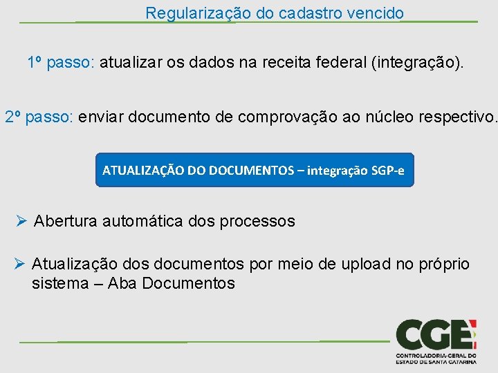 Regularização do cadastro vencido 1º passo: atualizar os dados na receita federal (integração). 2º