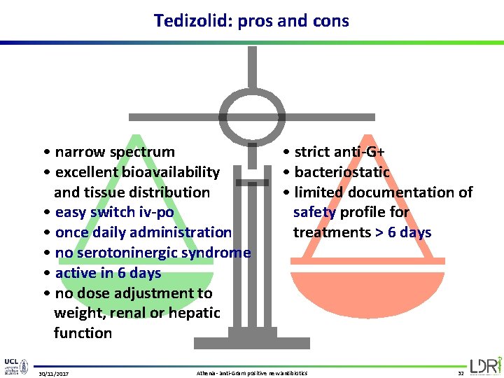 Tedizolid: pros and cons • narrow spectrum • excellent bioavailability and tissue distribution •