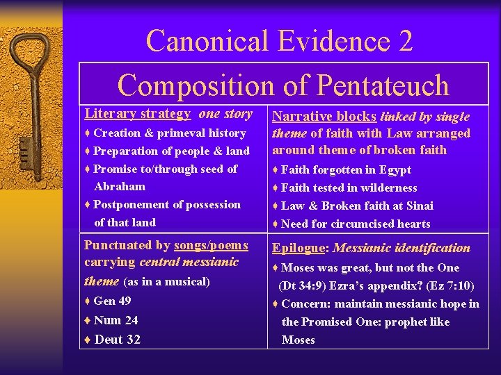 Canonical Evidence 2 Composition of Pentateuch Literary strategy one story ♦ Preparation of people