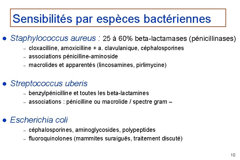 Sensibilités par espèces bactériennes l Staphylococcus aureus : 25 à 60% beta-lactamases (pénicillinases) –