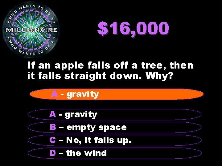 $16, 000 If an apple falls off a tree, then it falls straight down.