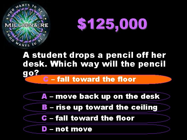 $125, 000 A student drops a pencil off her desk. Which way will the