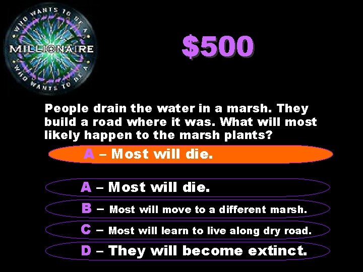 $500 People drain the water in a marsh. They build a road where it