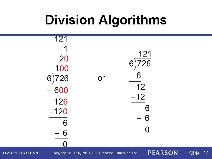Division Algorithms or Copyright © 2016, 2013, 2010 Pearson Education, Inc. Slide 14 Division Algorithms or Copyright © 2016, 2013, 2010 Pearson Education, Inc. Slide 14
