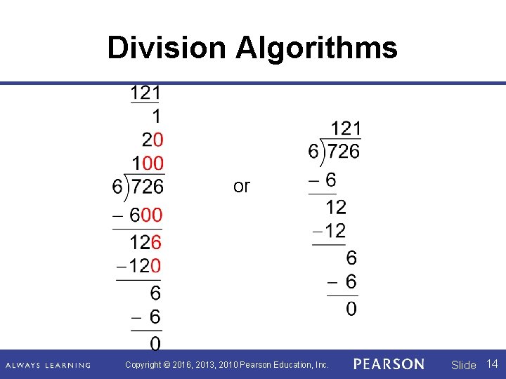 Division Algorithms or Copyright © 2016, 2013, 2010 Pearson Education, Inc. Slide 14 